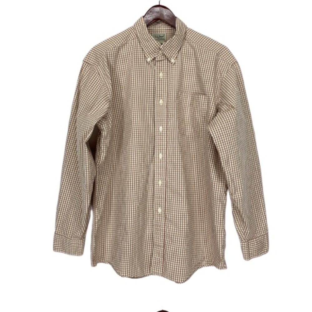 Men's L.L. Bean Gingham Plaid Long Sleeve Button Down Shirt Tan White Red Size L